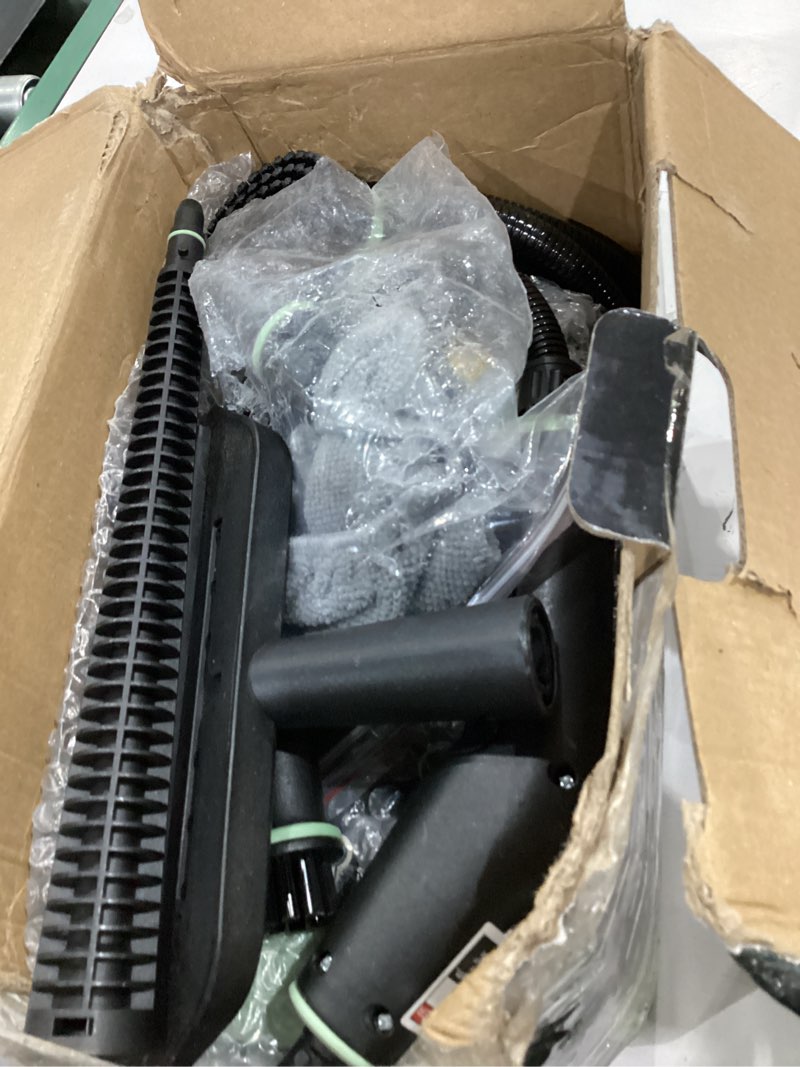 Condition photo showing As Is for steam cleaner, portable steamer for cleaning with 16pcs accessories, 6-level adjustable and 15s heat-up, handheld steam cleaner for home, tile, dirt, grout, grease, car detailing green