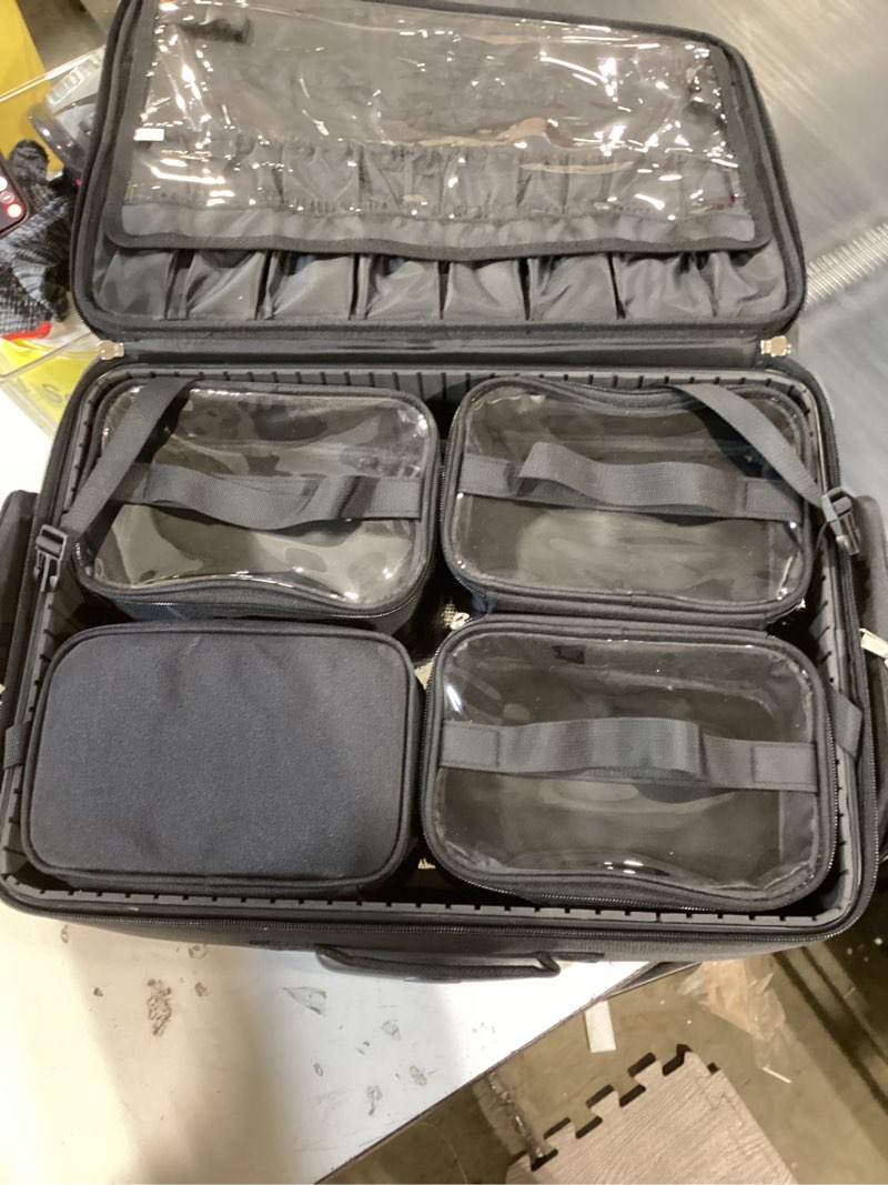 Condition photo showing Good Condition for rolling makeup bag, makeup artist bag professional makeup case on wheels cosmetics organizer bag makeup suitcase 2 in 1 extra large cosmetology case with 360° swivel wheels and adjustable dividers 03-large?2 in 1?