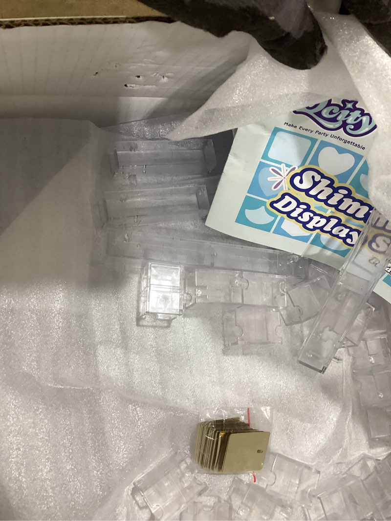 Condition photo showing Good Condition for qcity light gold shimmer pedestal stands for party set of 3, square sequin shimmer display stands, perfect for outdoor events, birthdays, wedding and party decoration