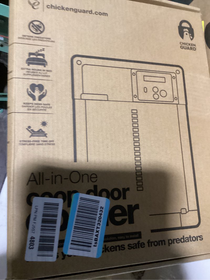 Condition photo showing As Is for automatic chicken coop door opener, chickenguard one in all 4 colours, timer/light sensing, winter mode, auto-stop & predator proof, 3 power options, solar, battery or electric (red + batteries)