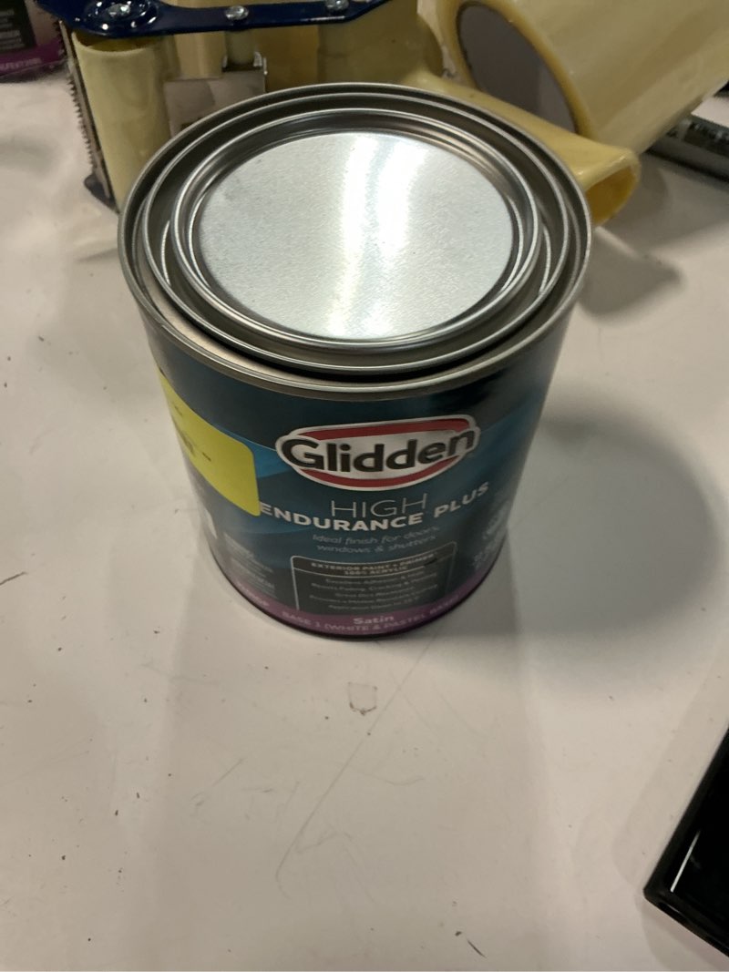 Condition photo showing As Is for glidden hep exterior paint and primer all in one, dyeable, satin white & pastel base, 1 quart