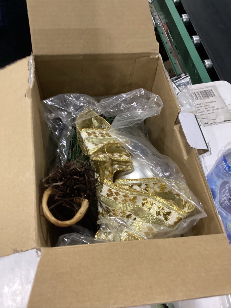 Condition photo showing New/Like New for yuletime 30" pre-lit fall teardrop swag, pumpkin maple leaf 50 fairy light | velvet-wrapped pumpkins, natural pine cones, artificial maple leaves, orange berries, linen bow pumpkin & maple leaf