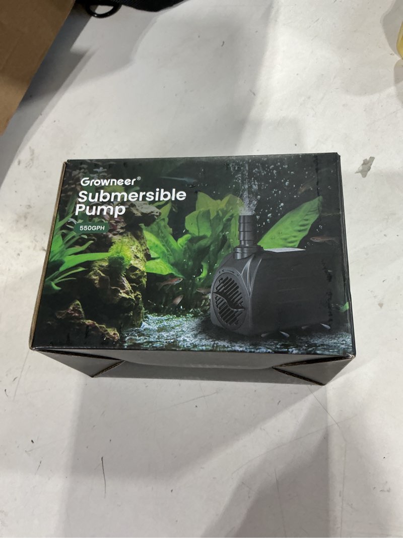 Condition photo showing New/Like New for growneer 550gph submersible pump 30w fountain water pump, 2000l/h, with 7.2ft high lift, 3 nozzles for aquarium, fish tank, pond, hydroponics, statuary, pool 550 gph