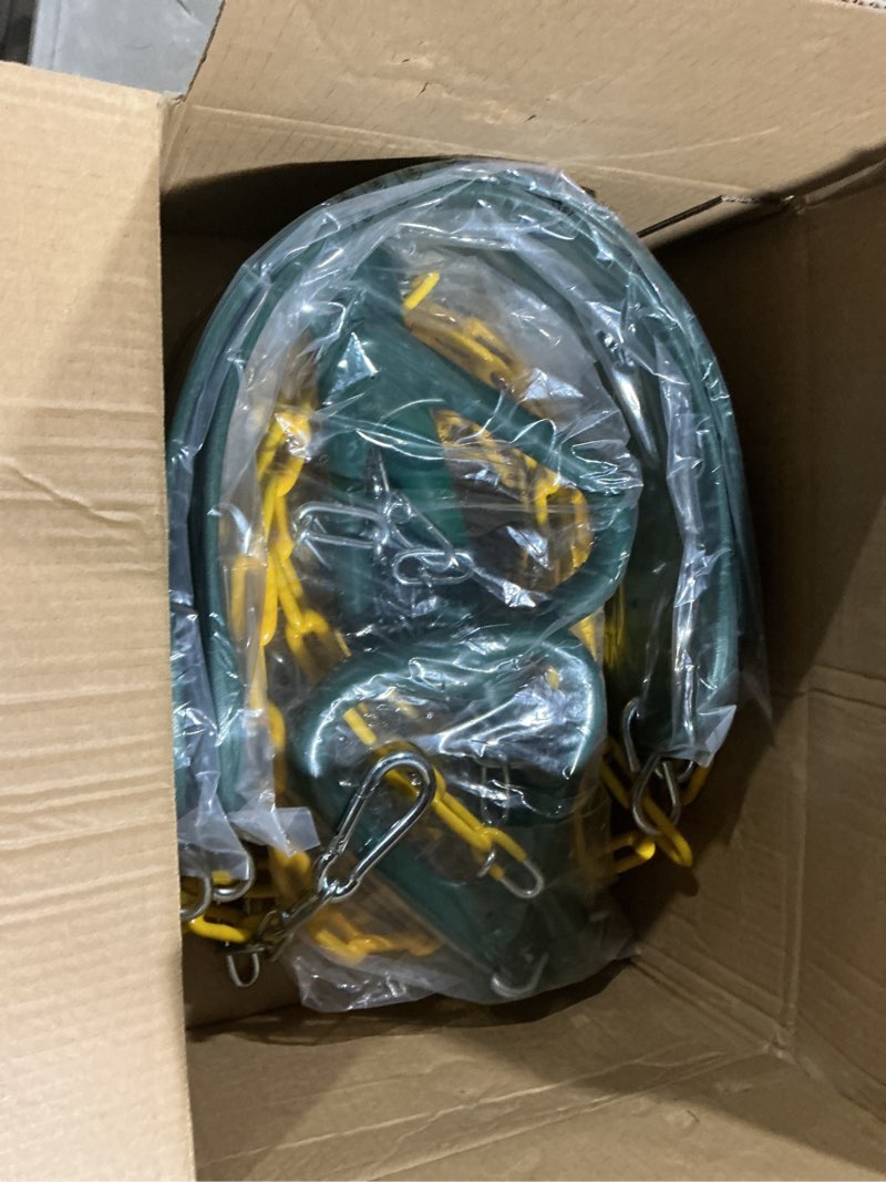 Condition photo showing Good Condition for turfee 3 pack assorted swing set, including 1 gym rings trapeze bar and 2 pcs swings with plastic coated chain, swingset accessories replacement for kids outdoor play, playground- green swing set+1 gym rings