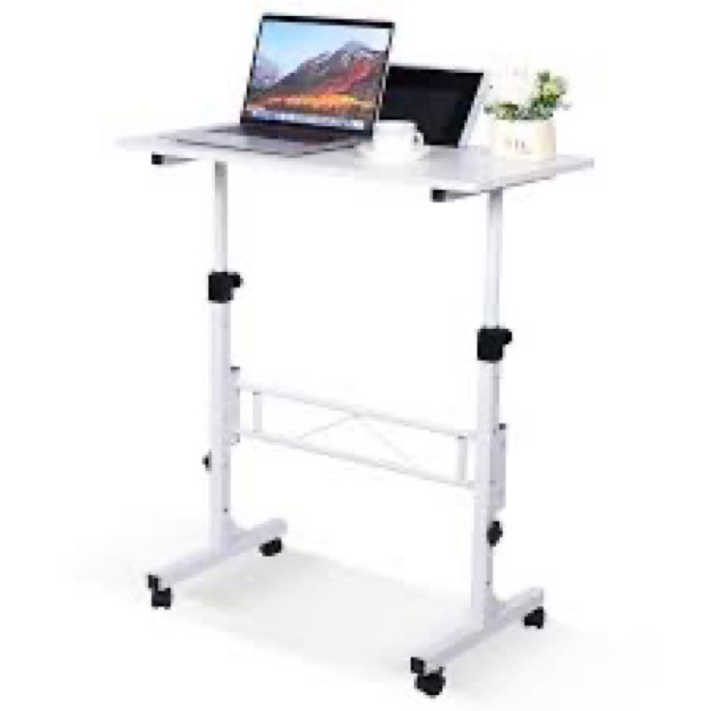 Standing Desk Adjustable Height, Mobile Stand Up Desk with Wheels Small Computer Desk Rolling Desk, Portable Laptop Desk WhiteStanding Table Sit Stand Home Office Desks 16\"x31.5\" Height 27\"-43.5\"