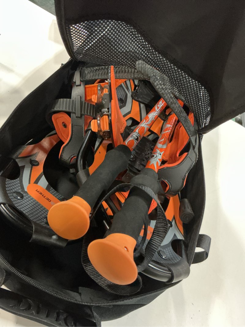 Condition photo showing As Is for G2 21/25/30/36 Inches Light Weight Snowshoes with Toe Box, EVA Padded Ratchet Binding, Heel Lift, Flexible Pivot Bar, Durable Back Strap, Trekking Poles, Carrying Bag, Snow Baskets(6 colors available) Orange 25"(Up to 200lbs)