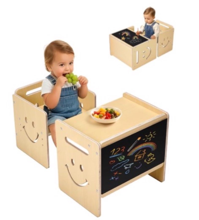 Similar to )))) VEVOR Montessori Weaning Table and Chair Set, 3 in 1 Wooden Toddler Table and Chairs with Chalkboard, Adjustable Height Montessori Table for Ages 1-5, Ideal for Drawing, Reading, Eating - Natural