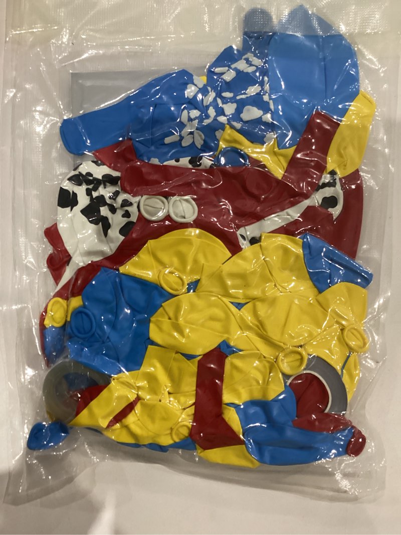 Condition photo showing New/Like New for ALL-IN-1 Toy Story Balloons Arch Kit for It's A Boy Story Baby Shower Decorations – Toy Story Balloon Garland Kit with Cloud & Cow Toys Story Balloons for First Toys Story Birthday Party Supplies Red, Yellow, Light Blue, Cow, Cloud