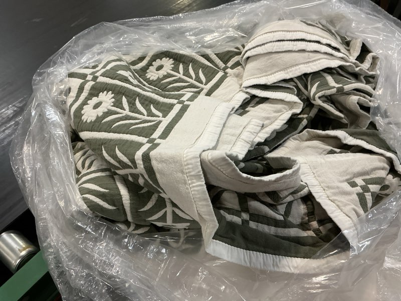 Condition photo showing As Is for organic cotton jacquard floral coverlet, full/queen, dried sage