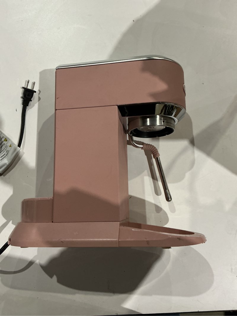 Condition photo showing As Is for de'longhi dedica duo compact espresso machine - cold brew coffee maker with milk frother wand- for espresso, hot & iced coffee, cappuccinos, lattes & home barista brewing, rosé pink