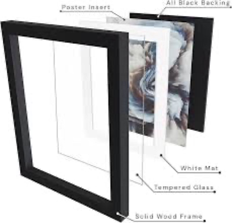 frame amo 18x27 black solid wood poster frame, white mat for 15x24 image, tempered glass front, 1.5 