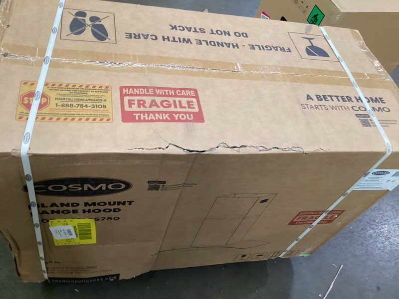 Condition photo showing As Is for damaged *cosmo cos-668ics750 30 in. lumin collection 380 cfm ducted island range hood, soft touch controls, led lights, stainless steel 30 inch glass island range hood range hood