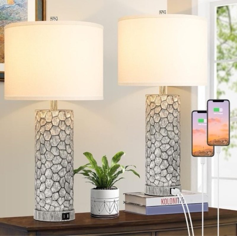 25” Tall Rustic Farmhouse Table Lamps W/ White Fabric Shade, Bedside Nightstand25