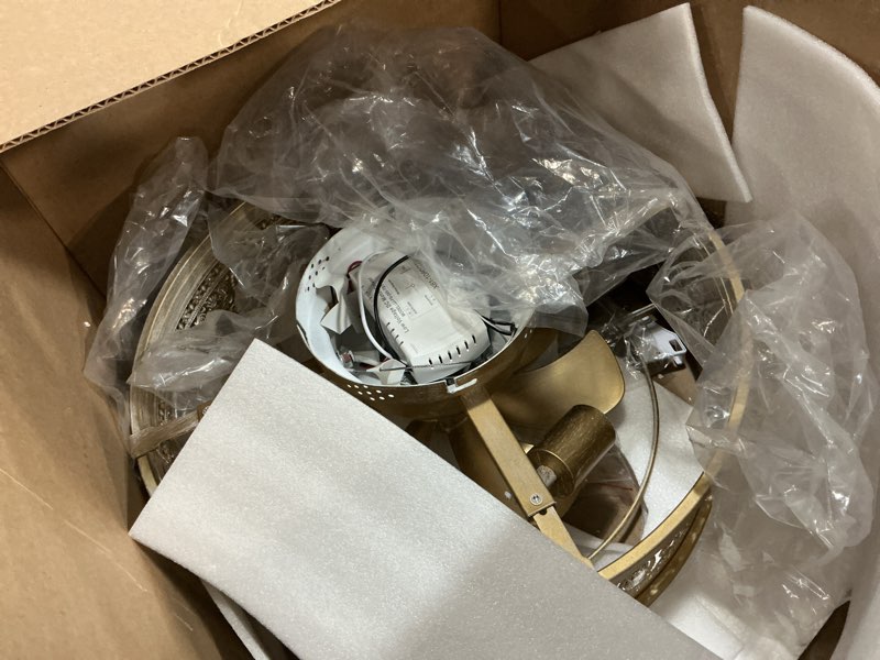 Condition photo showing As Is for Vintage Caged Ceiling Fans with Lights and Remote,Victorian Hand-Antiqued Rustic Crystal Fandelier,Low Profile Flush Mount,Enclosed Bladeless Ceiling Fan with Light for Bedroom,Kitchen,Hallway(Gold) Distressed Gold