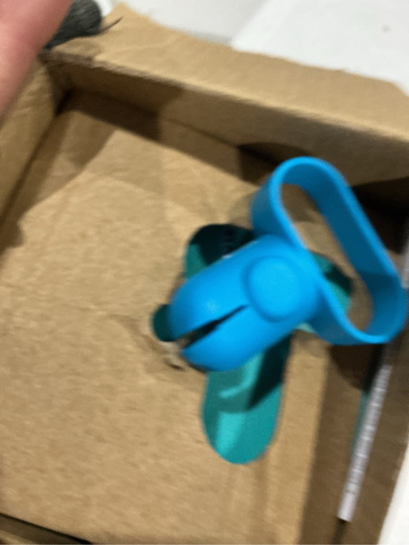 Condition photo showing As Is for 7" blue electric balloon inflator, with extendable tip and balloon knotter, by way to celebrate