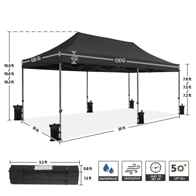 yaheetech heavy duty pop up canopy tent, 10x20 commercial instant shelter tent for wedding, parties, adjustable outdoor canopy with wheeled carry bag, 6 sandbags & 10 stakes