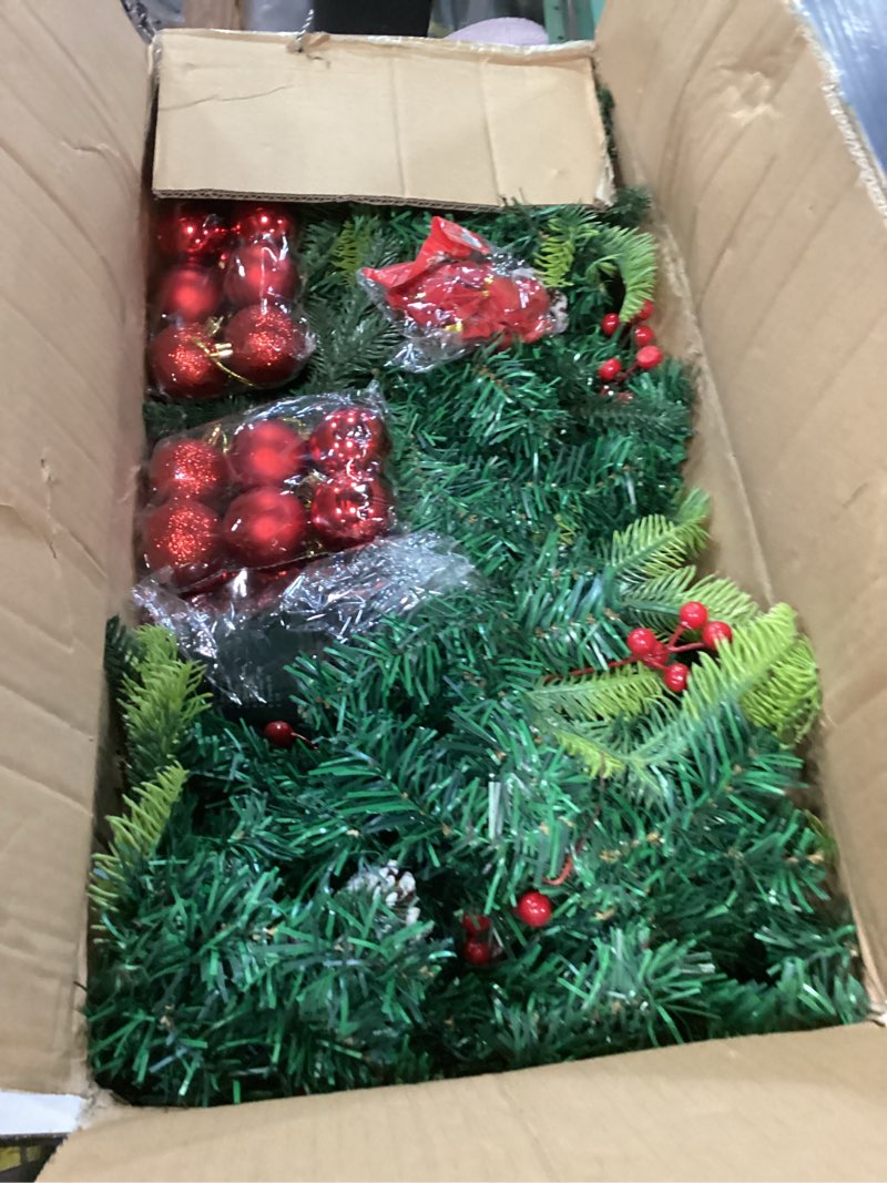 Condition photo showing As Is for Ceenna Extra Long 15ft Christmas Garland with 100 LED Lights Artificial Pine Prelit Lighted Christmas Outdoor Indoor Decorations Xmas Holiday Stairs Railing Mantle Door Decor(Berry Bow Garland)