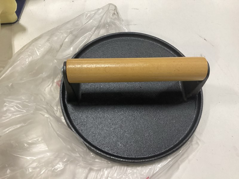 Condition photo showing Good Condition for EWFEN Burger Press, 7" Round Heavy-Duty Cast Iron Smash Bacon Press Meat Steak with Wood Handle for Griddle, Sandwich, Nonstick Pan