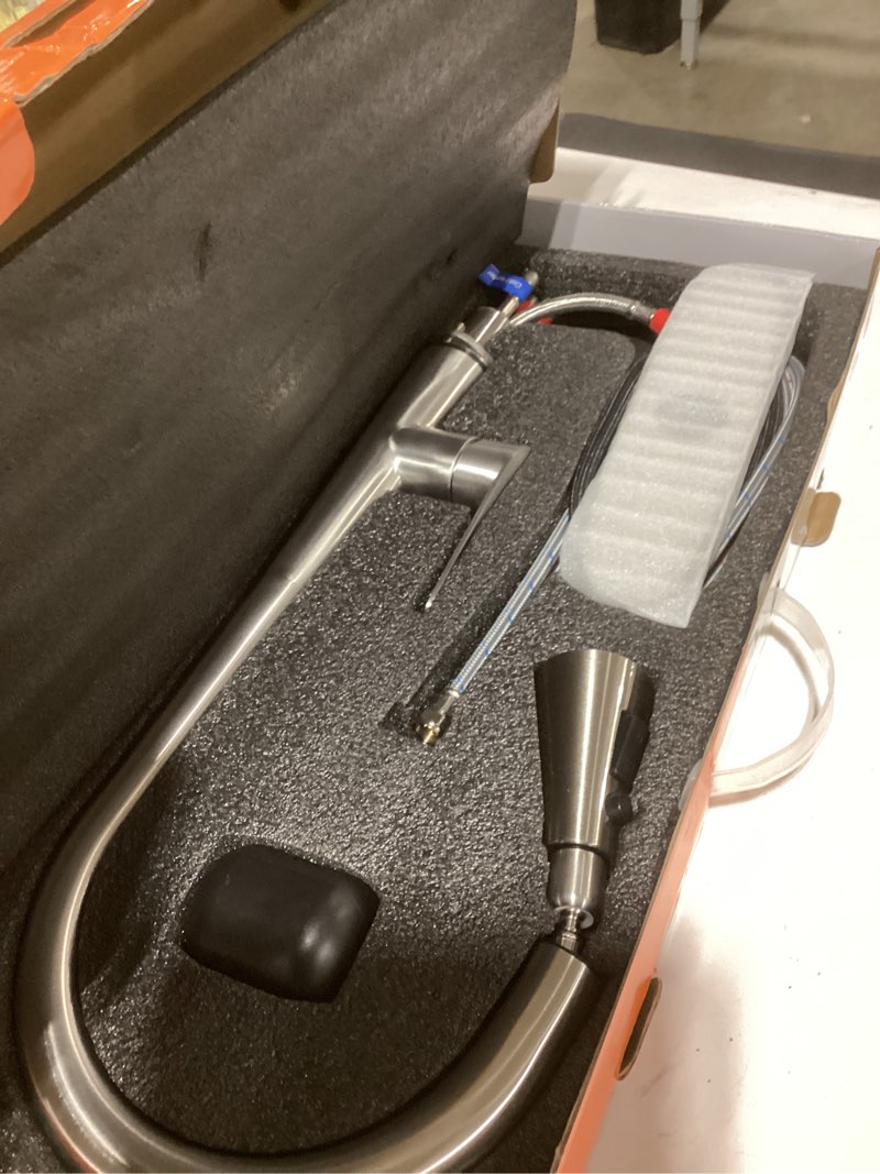 Condition photo showing Good Condition for PUSU 18 inch High Brushed Nickel Kitchen Faucet with Pull Down Sprayer, Single Handle Nickel Kitchen Sink Faucet for RV Sink, Laundry, Bar Camper with Water Lines, Stainless Steel Brushed Nickel (H18 inch)