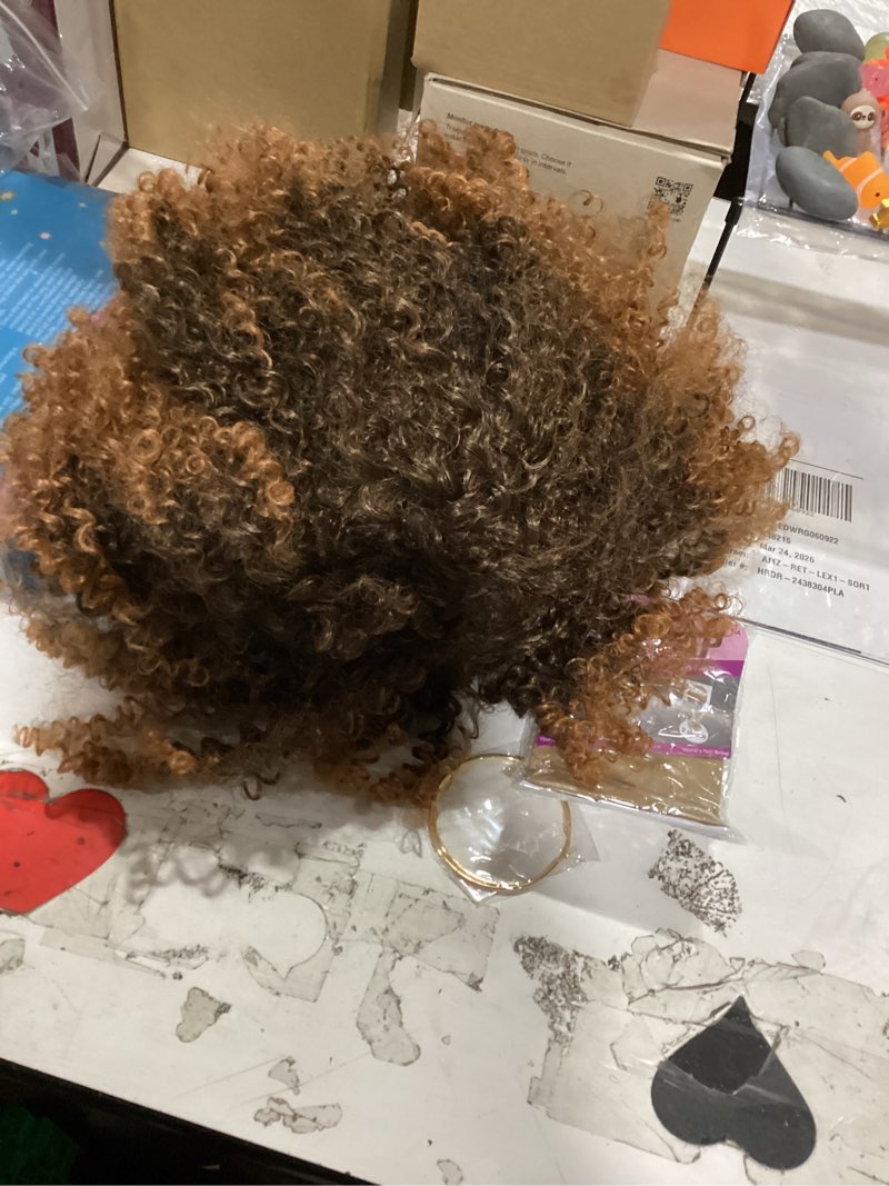 Condition photo showing Good Condition for curly wig afro curly wigs for black women afro kinky curly wig with bangs full and fluffy glueless wig synthetic hair replacement wigs for cosplay and daily (ombre brown, 16inch) ombre brown 16 inch