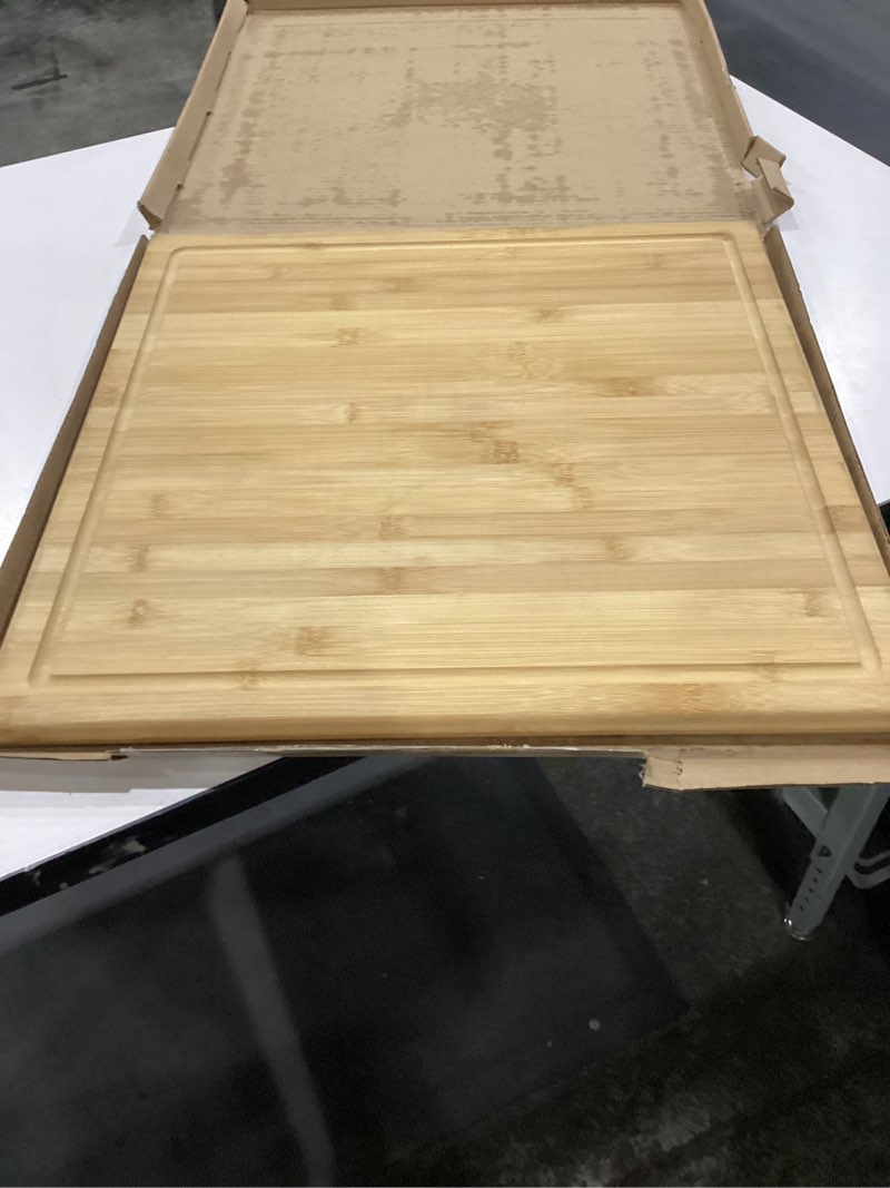 Condition photo showing Good Condition for Bamboo Cutting Board - 20 x 20 inch Large Wood Chopping Board for Kitchen, Meat, Vegetables, BBQ, Square Butcher Block with Juice Groove and handle, 0.8"Th 20"L x 20"W