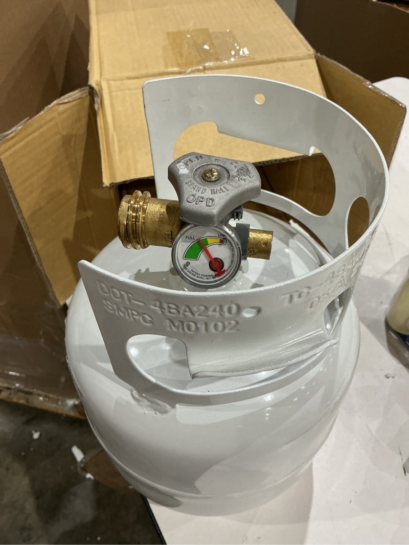 Condition photo showing As Is for flame king ysn5lb-gauge 5lb steel propane tank cylinder with gauge and opd valves for grills and bbqs, camping, fishing, & outdoor activities, white 5lb propane tank with gauge