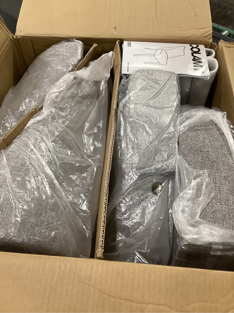 Condition photo showing New/Like New for COLAMY Upholstered Dining Chairs Set of 6, Mid Century Modern Kitchen Chairs with Back, Farmhouse Fabric Side Dining Room Chairs with Wood Legs for Dining Room Restaurant, Light Grey Upholstered Dining Chairs Light Grey Set of 6