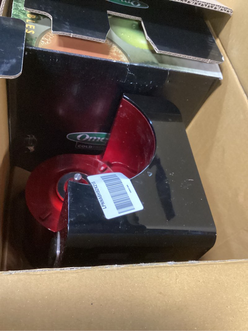 Condition photo showing As Is for omega juicer cold press vertical 43 rpm slow masticating compact juice extractor for fruits and vegetables quiet operation with 3 stage auger automatic pulp ejection and no-drip tap, 150-watts, red