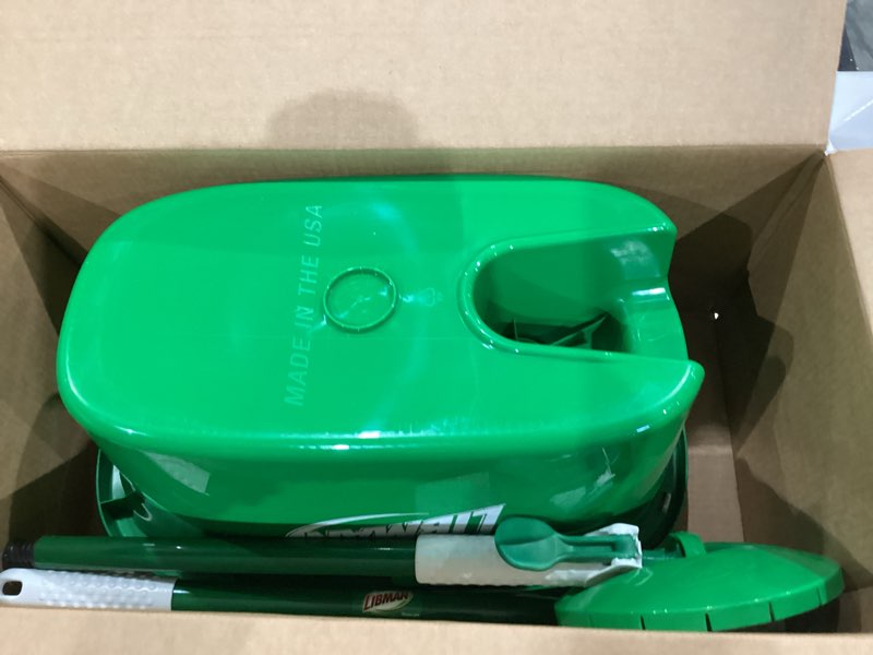 Condition photo showing Good Condition for libman tornado spin mop system and 1 refill, mop and bucket with wringer set for hardwood floor cleaning, 2 total heads included spin mop plus 1 refill