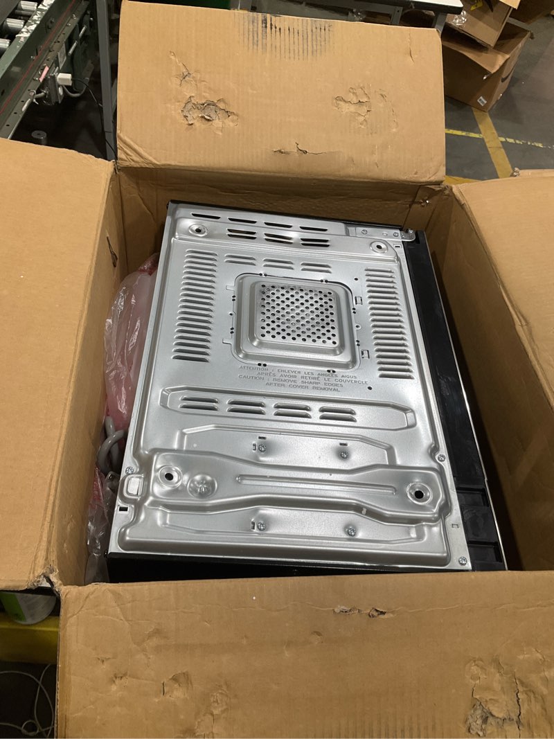 Condition photo showing As Is for toshiba em131a5c-ss countertop microwave ovens 1.2 cu ft with 12.4" removable turntable smart humidity sensor, 12 auto menus mute function eco mode easy clean interior, 1000w, silver 1.20 cu.ft