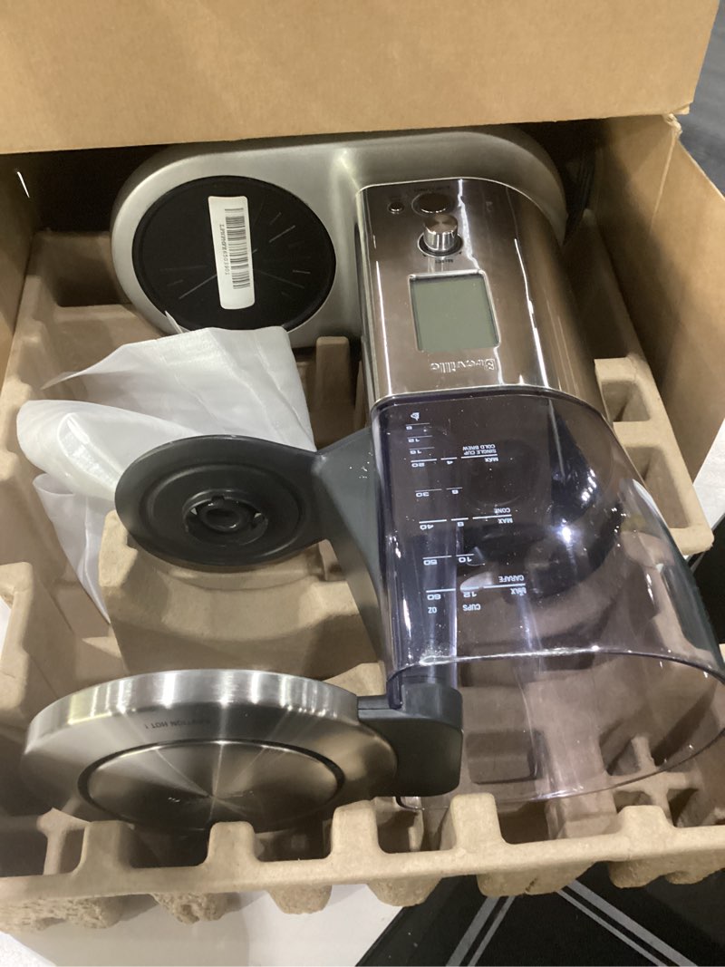 Condition photo showing As Is for NOT TESTED MISSING WATER LID, FILTER, AMD COFFEE POT Breville Luxe Drip Coffee Machine, Brushed Stainless Steel, 60 Fluid Ounces Capacity, Glass Carafe, BDC415BSS