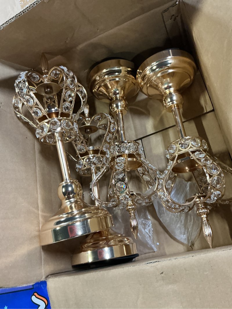 Condition photo showing Good Condition for mumufy 4 pcs gold crystal candle holders crown candlestick 13.8 inches tealight holders metal candelabra vintage votive candlesticks elegant candle centerpiece for wedding festival dining table decor
