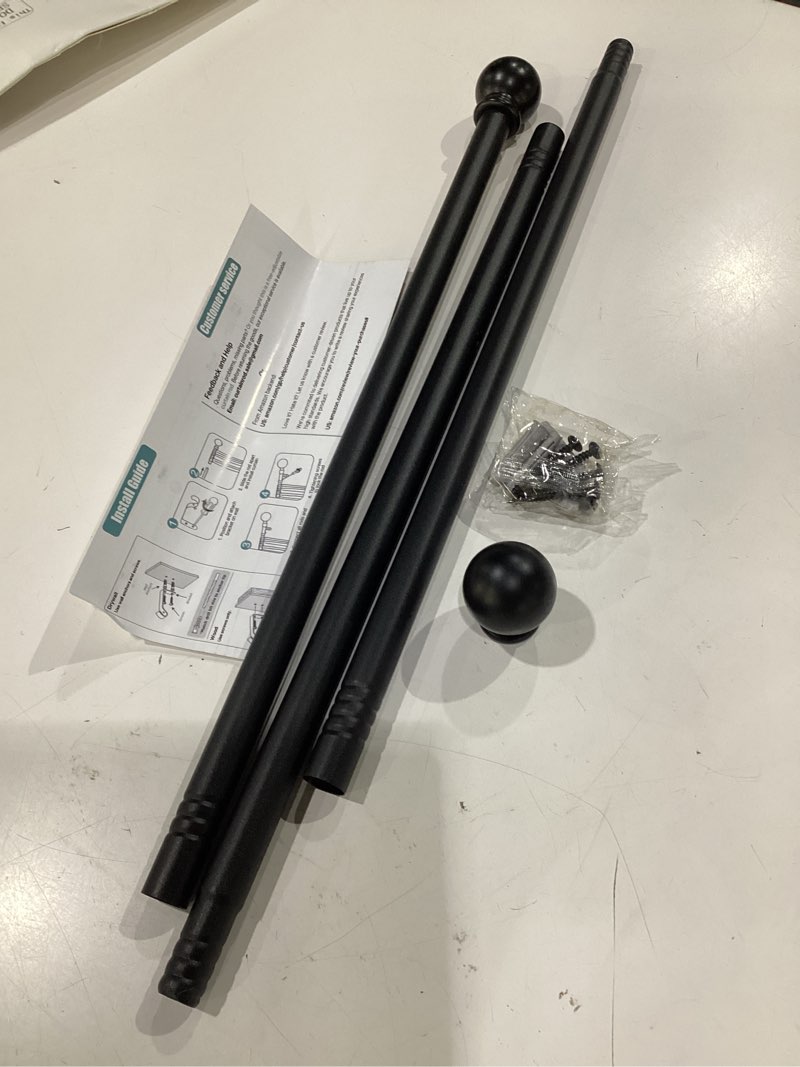 Condition photo showing Good Condition for curtain rods for windows 28 to 48 inch, 5/8 inch black curtain rod set with brackets, splicing adjustable metal drapery rod for bedroom, kitchen, living room, matte black 28 to 48 inch black