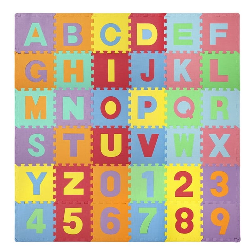 Easy Playhouse Soft Foam Floor Puzzle Tiles for Children, Non-toxic EVA 36 Interlocking Foam Tiles with 24 Borders for Playroom, Nursery or Gym, Numbers and Letters