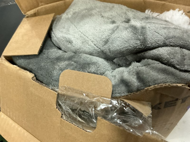 Condition photo showing As Is for laffylo heated throw blanket 50 x 60, fast heating electric blanket, dual-sided flannel sherpa, 4 heat settings, 3 hour auto off, machine washable, light grey 01-light grey 50"x60"(throw size)