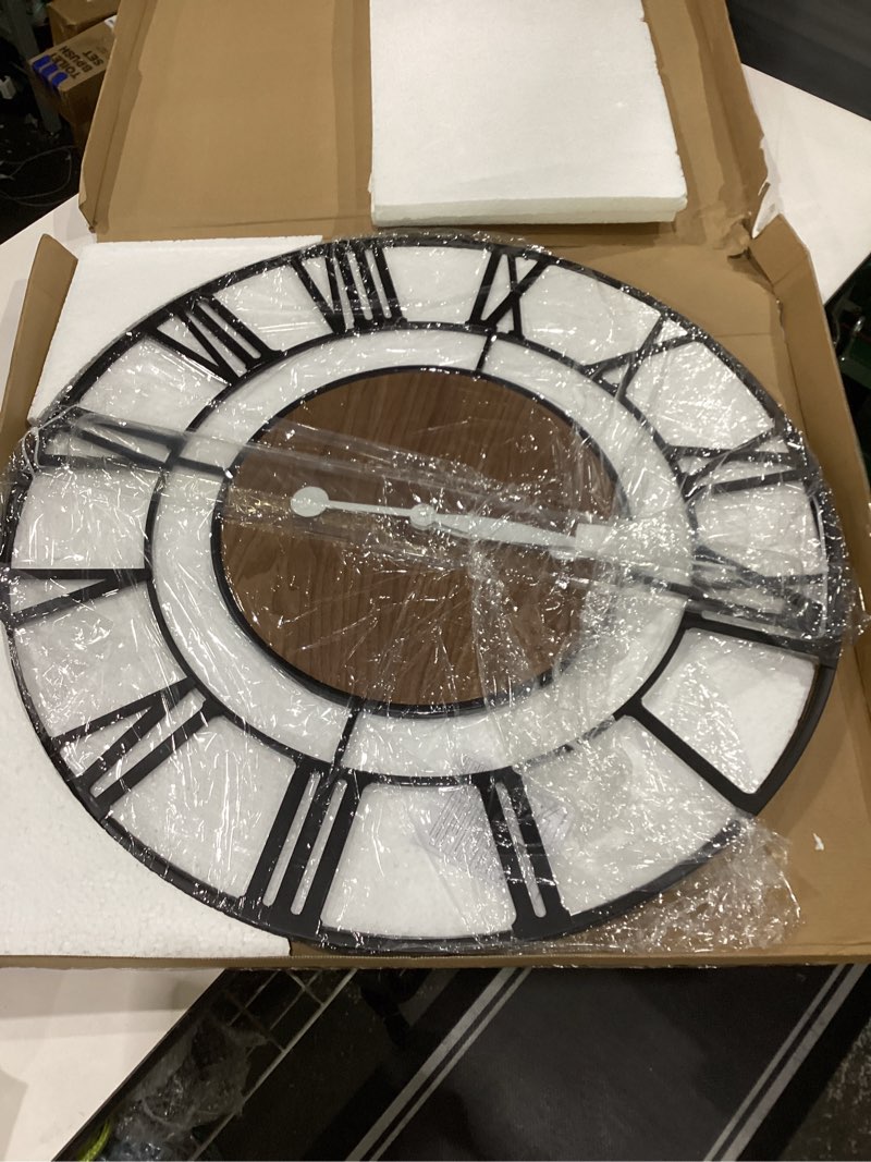 Condition photo showing New/Like New for pytha sight 30 inch extra large giant wall clock,oversized round silent vintage industrial black metal farmhouse big roman numeral wall clocks for living room,kitchen,bedroom home decor black walnut 30 inch