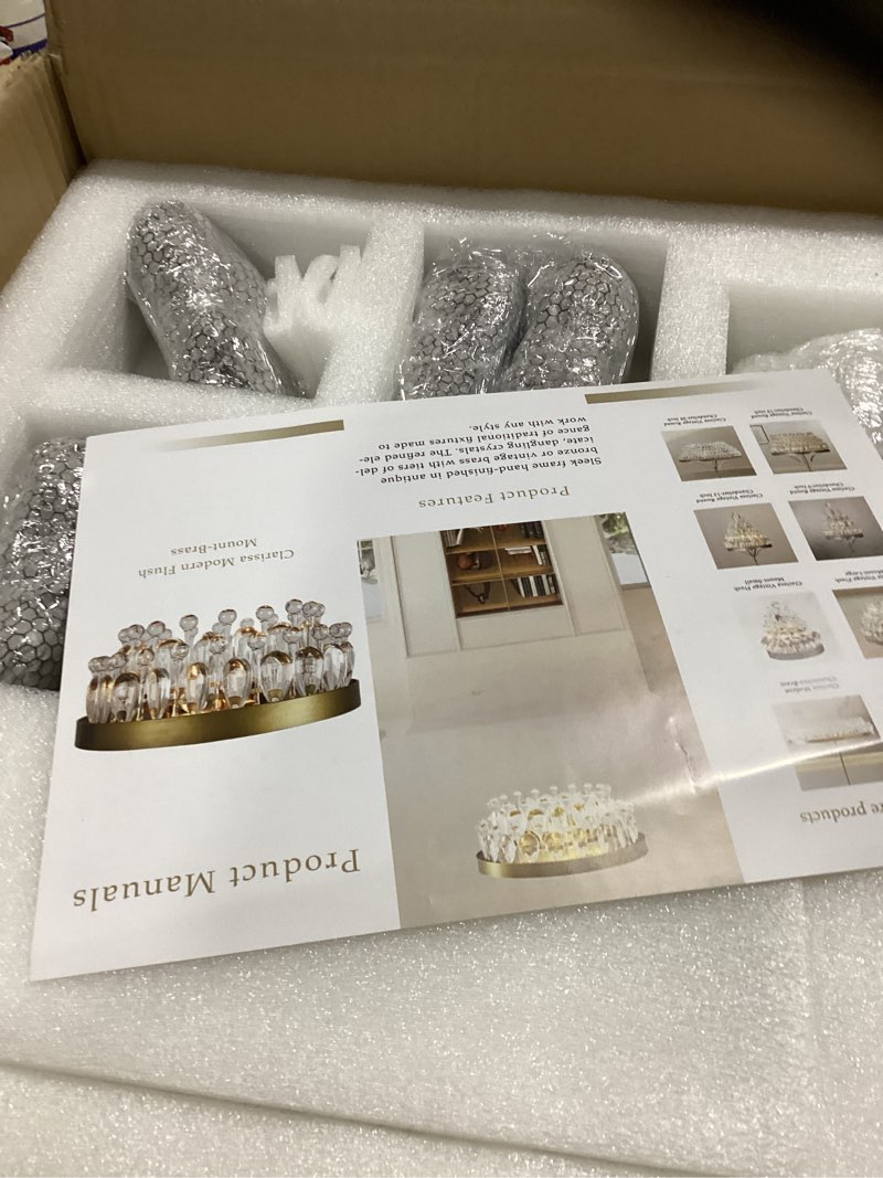 Condition photo showing Good Condition for 15" Antique Brass Round Crystal Ceiling Light, Luxury Crystal Raindrop Semi Flush Mount Ceiling Light Fixture, Modern Mini Chandelier for Bedroom, Hallway, Entryway (Brass)