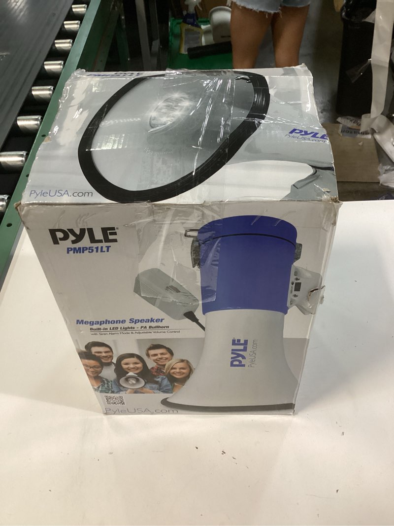Condition photo showing New/Like New for pylepyle portable megaphone bullhorn speaker - 50w, 1200 yard range, built-in siren, adjustable volume control and microphone, perfect for outdoor sports, cheerleading, safety drills, and more 9.0'' (diameter) x 13.8'' (length) white, blue