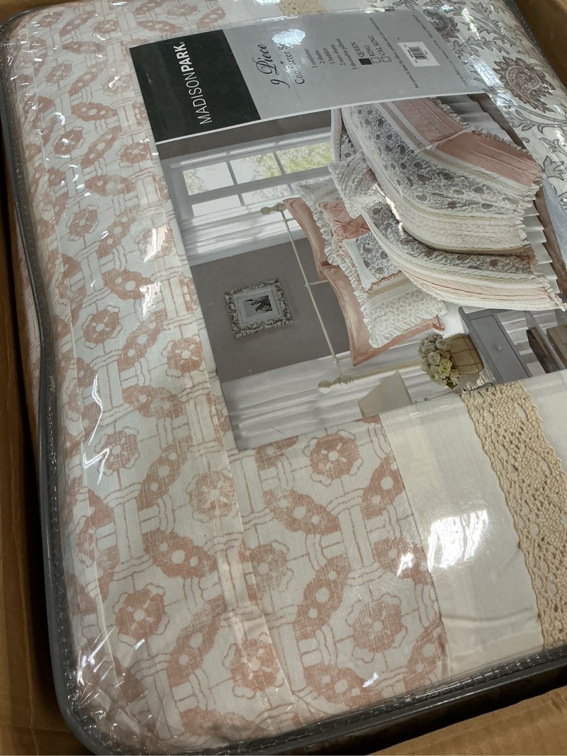 Condition photo showing New/Like New for madison park dawn 100% cotton shabby chic comforter set-modern cottage design all season down alternative bedding, matching shams, bedskirt, decorative pillows, queen(90"x90"), blush 9 piece blush queen