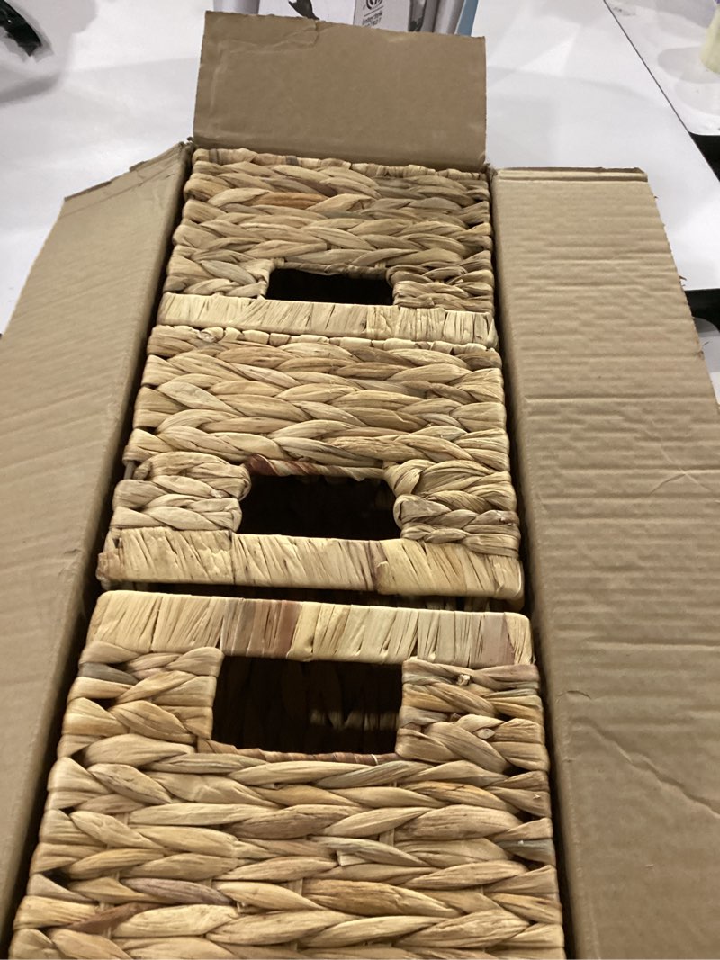 Condition photo showing New/Like New for set of 4 water hyacinth storage baskets with handles – natural handwoven woven organizer bins for bathroom, kitchen, pantry, living room & shelf storage