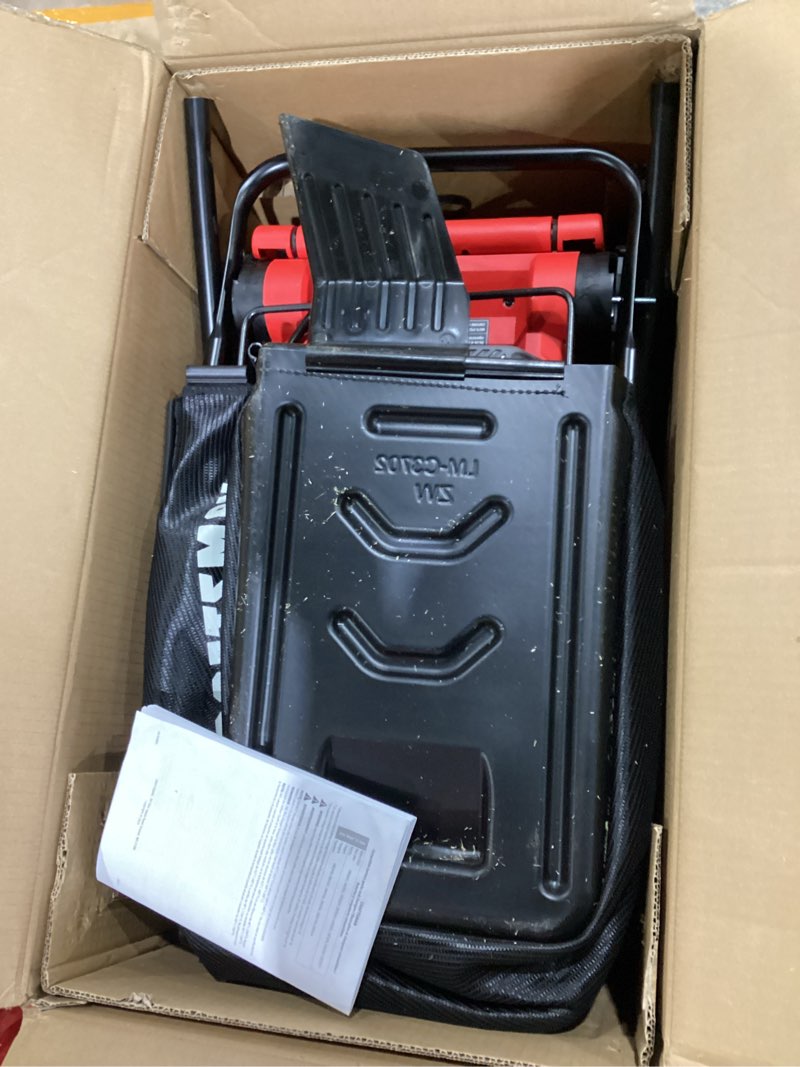 Condition photo showing As Is for craftsman push mower 15 in, 2 x 4 ah v20 batteries and 2 chargers included, up to 45 min of runtime, lightweight, easy to maneuver electric lawn mower cordless with grass bag (cmcmwp120m2)