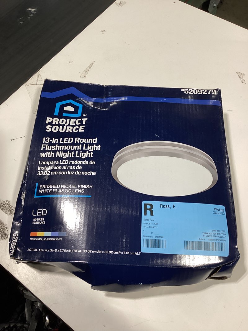 Condition photo showing As Is for project source 1-light 13-in brushed nickel led flush mount light