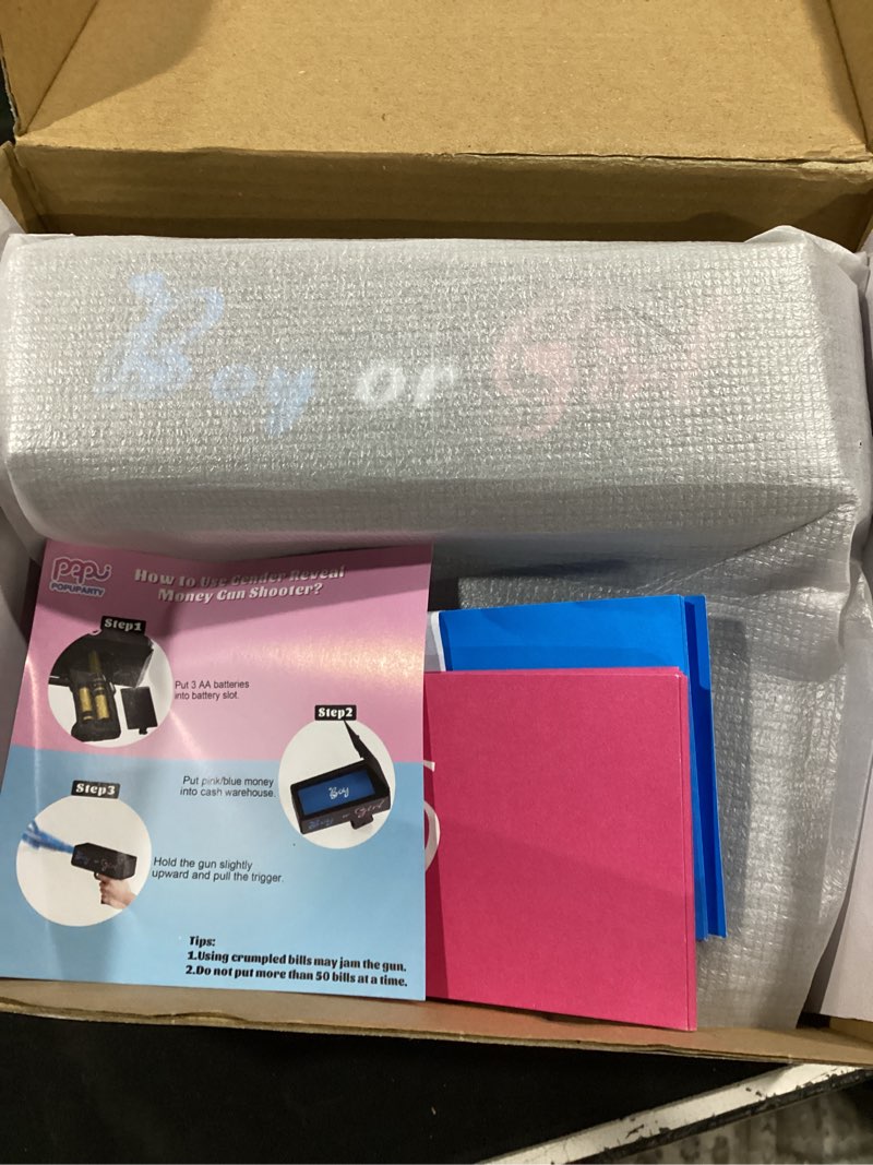 Condition photo showing Good Condition for popuparty gender reveal money gun shooter with pink and blue prop,gender identification of boys and girls,handheld spray gun for party