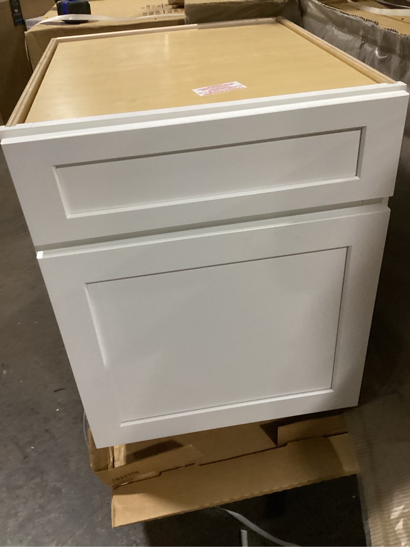 Condition photo showing Good Condition for norfolk shaker 21 in. w x 34.5 in. h x 24 in. d in painted white plywood assembled base cabinet