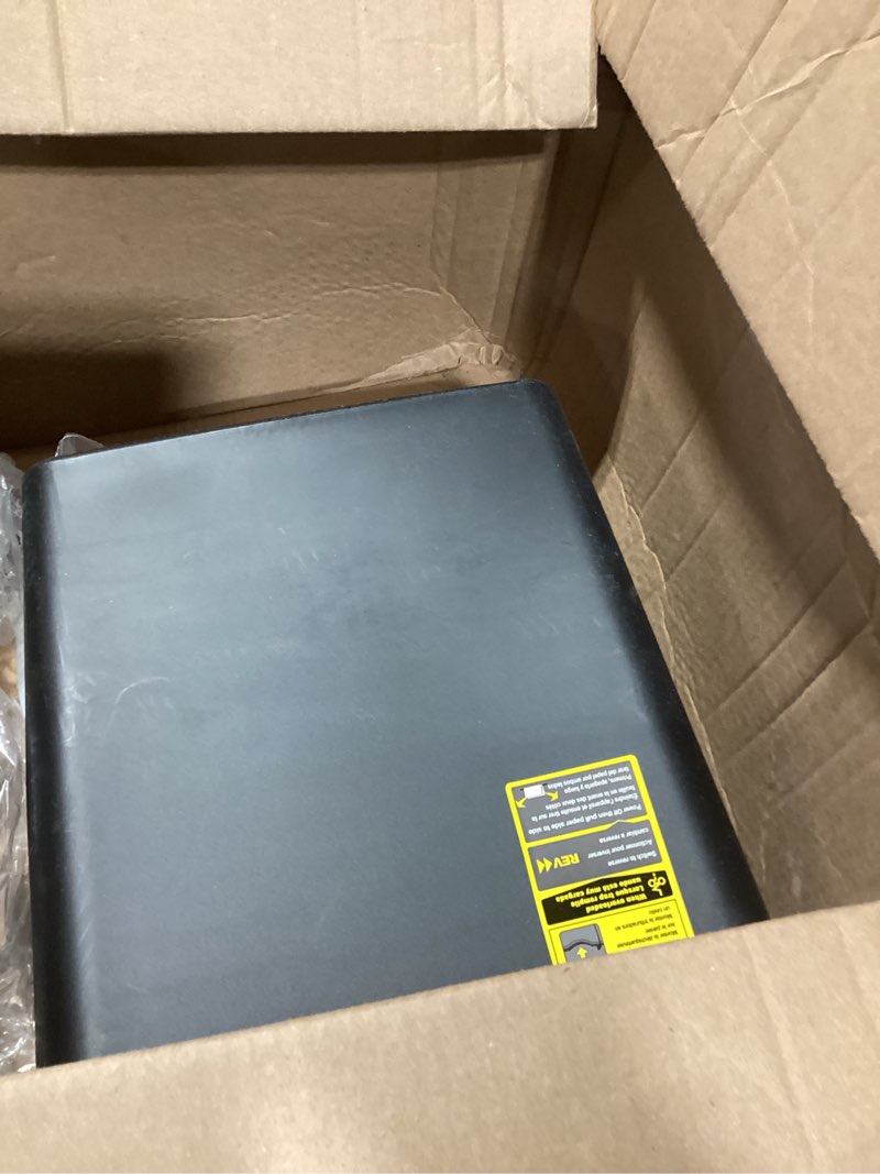 Condition photo showing As Is for amazon basics 6-sheet cross-cut paper and credit card shredder with 3.8 gallon bin, shreds staples, black