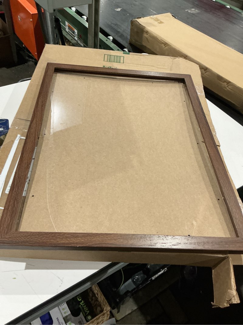 Condition photo showing As Is for puthiac 16x20 solid oak wood picture frame, fits 12x16 with mat or 16x20 without mat, wall display only, vertical or horizontal, plexi front, 1 pack, walnut