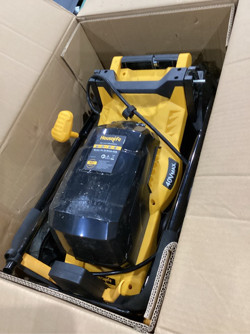 Condition photo showing As Is for 40v cordless lawn mower compatible with dewalt 2x20v max battery, 14 inch electric lawn mower with 35l grass bag, 6-position height adjustment, foldable push mower for yard (tool only) yellow