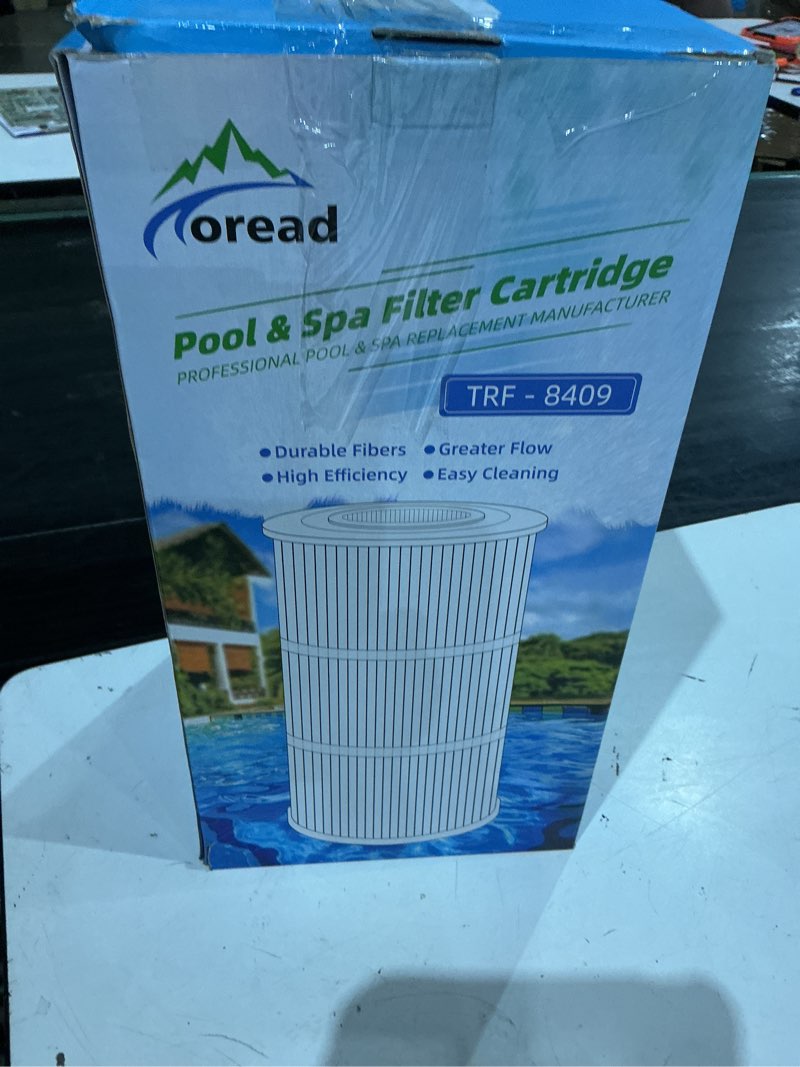 Condition photo showing Good Condition for pool & spa filter cartridge  professional pool & spa replacement manufacturer  trf - 8409  durable fibers  greater flow  high efficiency  easy cleaning