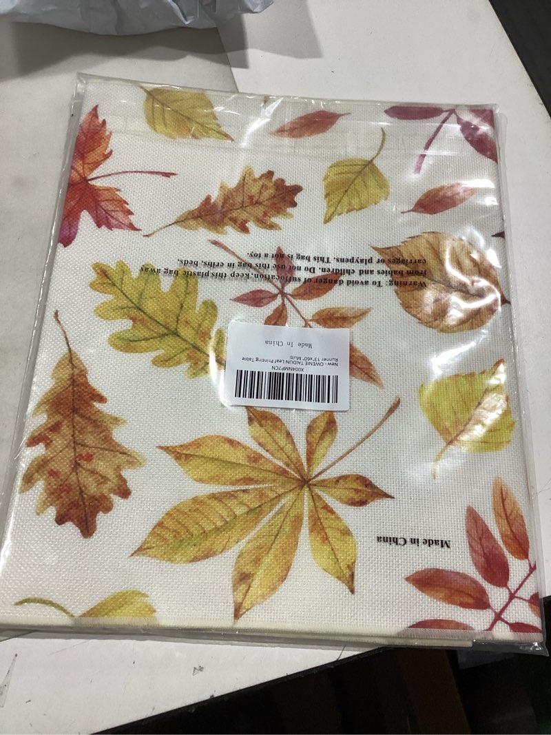 Condition photo showing New/Like New for OWENIE Fall Table Runner for Kitchen Dining Table, Thanksgiving Autumn Printed Harvest Pumpkins Maple Leaves Textured Fabric Halloween Holiday Home Decorations, Water-Proof, Washable, 13" W x 36" L 13"W x 36"L