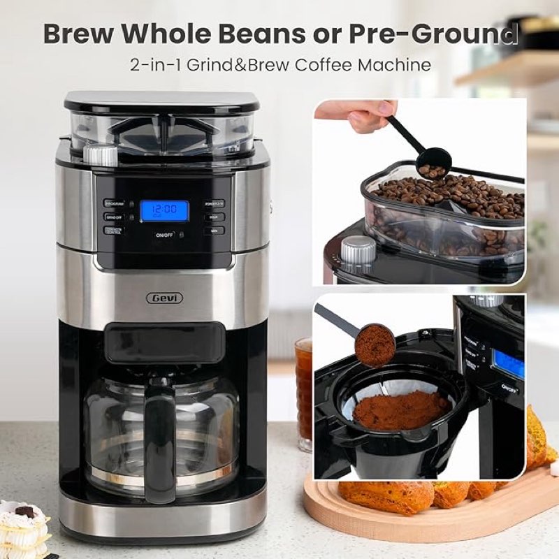 Gevi 10-Cup Drip Coffee Maker, Built-in Burr Grinder, 1.5L Water Tank, Programmable Timer, Auto Keep-Warm, Reusable Filter, Fresh Grind Coffee Machine, Black